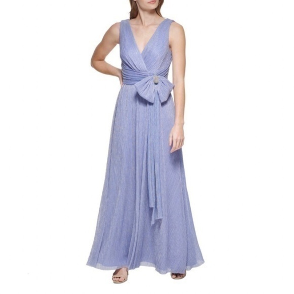 Eliza J V-neck Sleeveless Metallic Gown with Bow Detail In Periwinkle